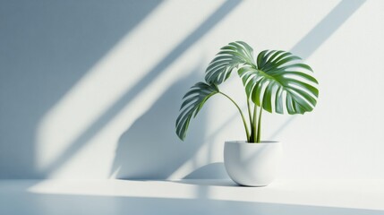Obraz premium Monstera Plant in Minimalist Pot with Natural Light Shadows