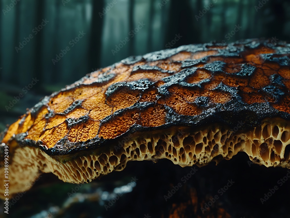 Poster close-up of a large, textured orange and black mushroom in a dark forest.