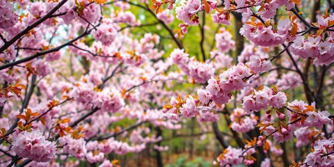 A colorful swirl of cherry blossoms and leaves in a springtime forest, peaceful, floral, spring