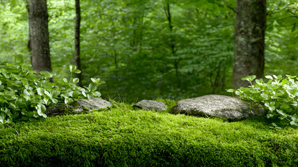 Exploring nature's serenity mossy rocks and lush greenery in a tranquil forest landscape