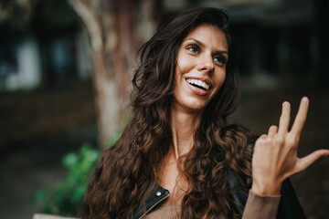 A young woman with long hair is joyfully smiling while sitting outdoors, conveying a sense of...