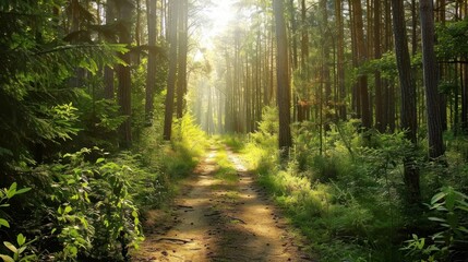 Fototapeta premium Beautiful forest path amidst dense green trees