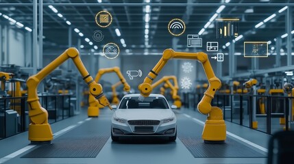 Fototapeta premium autonomous factory robot concept. Advanced robotic arms assemble a modern car in a high-tech factory environment.