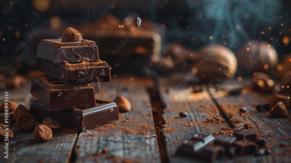 Aufkleber rustic stack of dark chocolate with cocoa powder and nuts