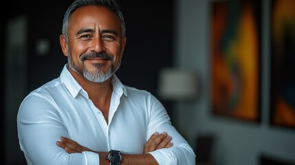 Obraz premium A confident middle-aged man smiles with arms crossed in a modern indoor setting.