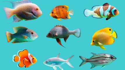 Fototapeta premium A collection of colorful tropical fish on a blue background. Perfect for aquarium, underwater, and marine life projects.