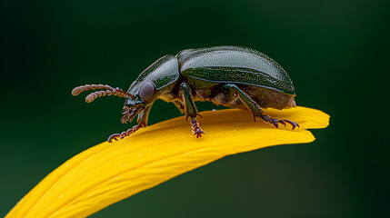 Close-up of beetle on yellow petal nature insect macro photography outdoor setting artistic perspective biodiversity exploration