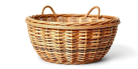 Obraz premium Woven wicker basket on a white background with no handle featuring a unique and intricate woven pattern, handcrafted goods, kitchen utensil holder
