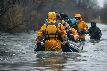 rescuers on a boat in a flooded area, emergency situation,