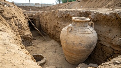 An ancient clay amphora buried in the excavation site with exposed earth around it, relic, antiquities, cultural heritage