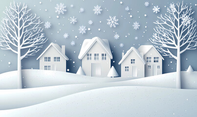 Fototapeta premium Paper art-style depiction of houses in the snow, with a simple background featuring trees and falling snowflakes
