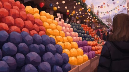 Obraz premium A whimsical digital painting depicting a Hanukkah market stall with colorful dreidels, candles, and festive treats, featuring cheerful people.