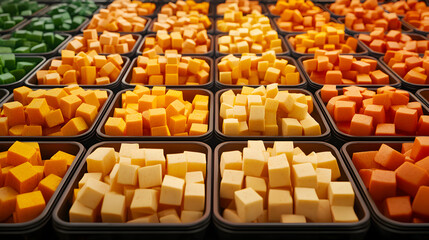 Vibrant display of cubed cheeses grocery store food photography indoor environment aerial view culinary artistry