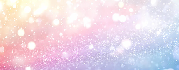 Obraz premium Pastel rainbow bokeh background with glitter and sparkles, in shades of pink, blue, purple, and yellow, with white sparkles