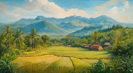 oil painting of green rice fields with thatched huts and mountain background