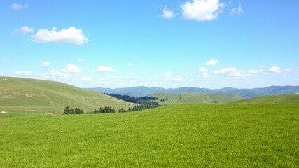 Obraz premium A serene green grass lawn surrounded by rolling hills and a few scattered clouds drifting lazily across the clear blue sky above it, natural scenery, countryside view, green lawn