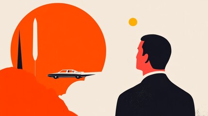 A whimsical illustration depicting a retro-futuristic world with flying cars, futuristic buildings, and vintage spacesuits, inspired by the 1960s vision of the future.