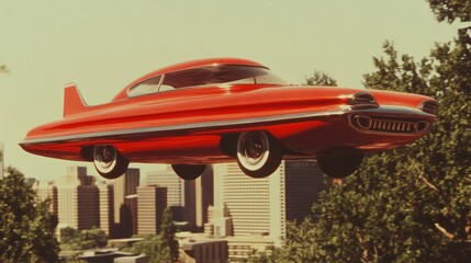 illustration of a retro sci-fi scene with flying cars, futuristic buildings, and vintage spacesuits, inspired by 1960s visions of the future.