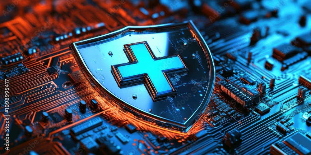 Poster a metallic shield with a blue cross in the center rests on a circuit board, symbolizing data securit