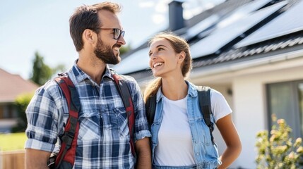 Obraz premium Smiling Young Couple with Backpacks Enjoying Day Outdoors in Front of Modern House with Solar Panels Under Clear Blue Sky