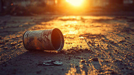 A crushed tin can lying on a dusty pavement with soft
