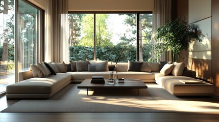 Fototapeta premium 44.A cozy, modern living room with sleek furniture, including a sectional sofa, armchairs, and a central coffee table. The design is enhanced by large windows and soft lighting, creating a warm and