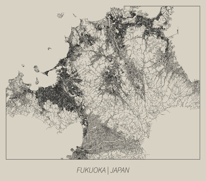 Fukuoka (Kyushu, Japan) street map outline for poster.