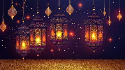Obraz premium Festive Ramadan Lanterns Islamic Arabic Hanging Lights Celebration Background Decor Golden Night