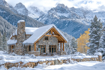 A cozy stone cabin with wooden details and snow-dusted evergreens, set against dramatic alpine peaks.