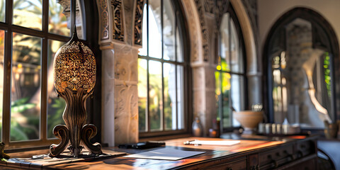 Moroccan Riad Writer's Retreat: A romantic desk under arched windows, with a carved wooden lamp workspace