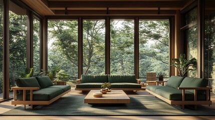 Fototapeta premium 1.A minimalist living room with sleek green sofas and elegant wooden chairs arranged around a central coffee table. The room features large windows that offer a breathtaking outdoor view, filling the