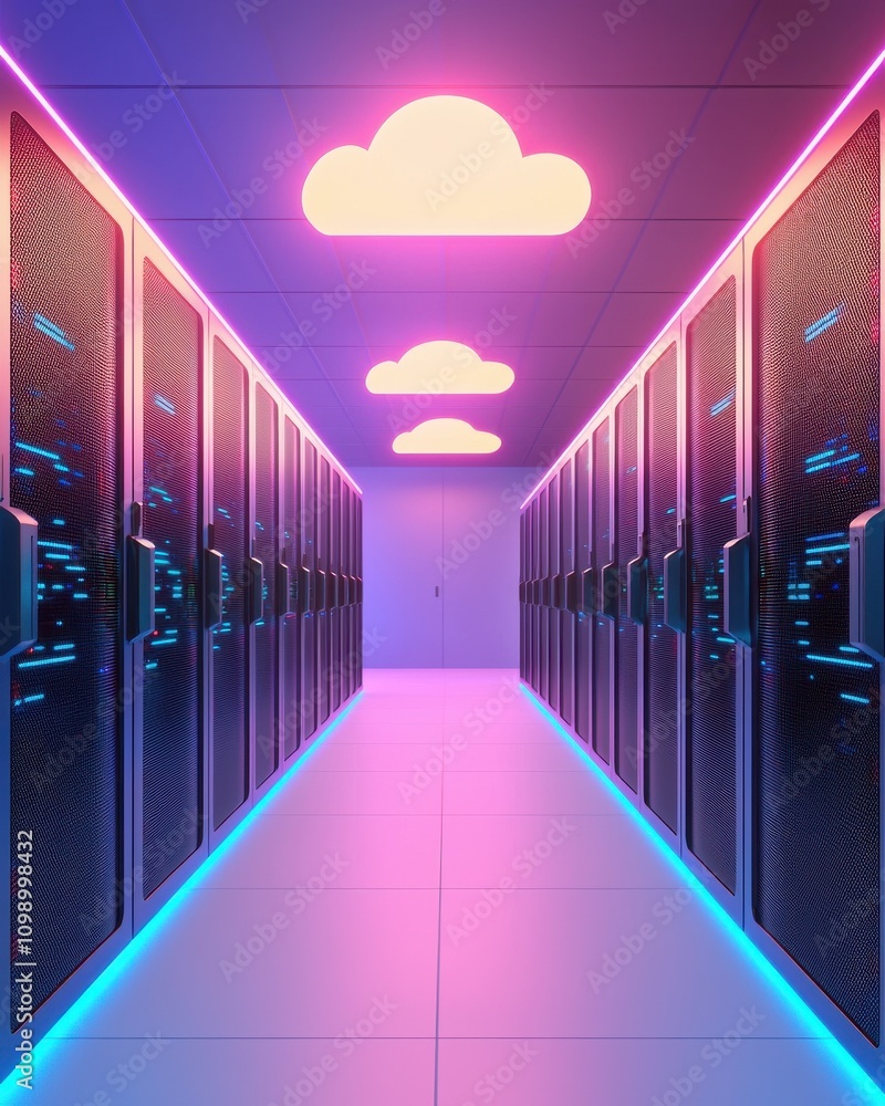 Poster a futuristic data center corridor featuring illuminated servers and stylized cloud graphics, emphasi