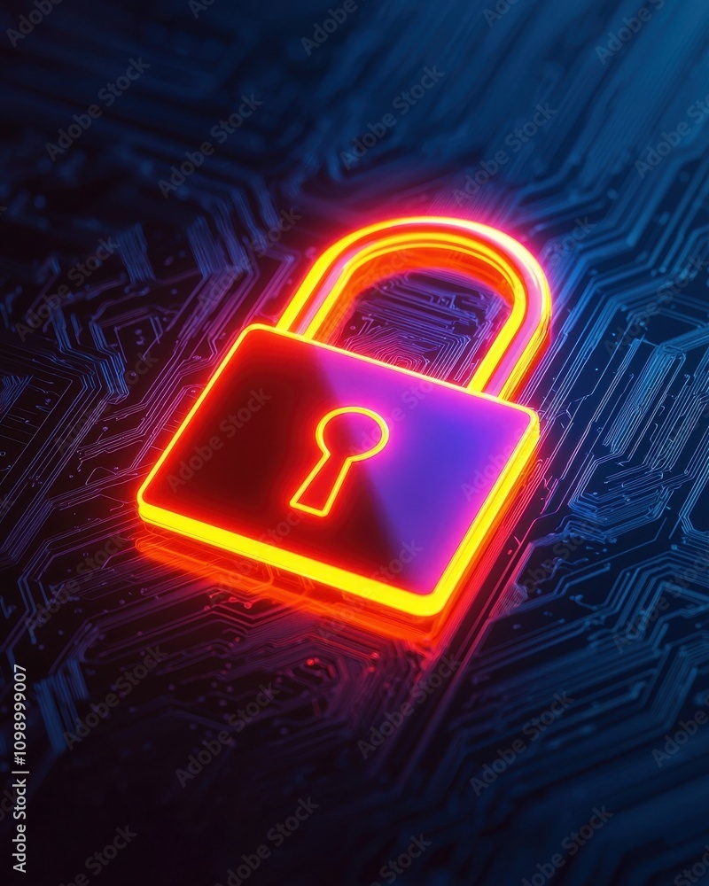 Poster a glowing neon padlock icon on a digital circuit background, symbolizing cybersecurity and data prot