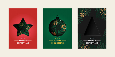 Set of Merry Christmas greeting card. Trendy minimalist design with Star, Christmas Ball and Christmas Tree. Paper art Vector Illustration. Template for poster, banner, holiday cover.