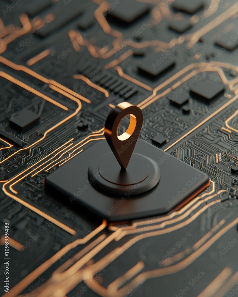 Poster a 3d rendering of a location pin on a circuit board, symbolizing technology, navigation, and connect