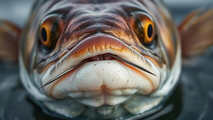 Close-up of a flounder's face with a fishing hook stuck in its mouth, ocean animal, fish on hook, underwater scene