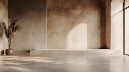 98.A spacious studio with a brown and cream color scheme, featuring a sleek beige stage. The textured cement walls create a raw, organic atmosphere, ideal for presenting eco-friendly products or