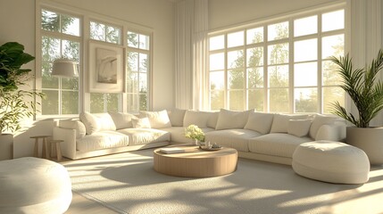 Fototapeta premium 41.A stylish living room featuring a modern design with soft lighting, showcasing comfortable furniture including a sectional sofa, armchairs, and a central coffee table. The room is flooded with