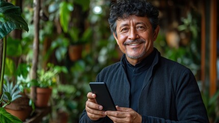Fototapeta premium A smiling man holding a smartphone in a lush, green environment.