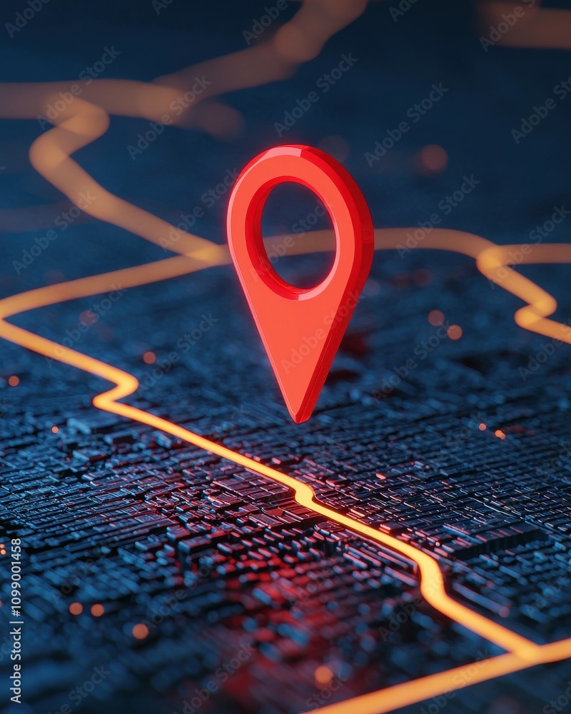 Poster a vibrant red location pin is prominently displayed over a dark geometric map, symbolizing navigatio