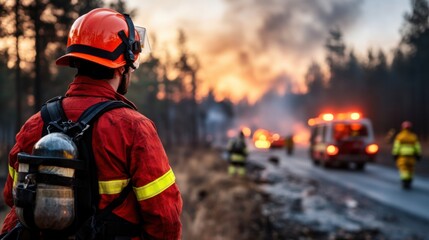 Fototapeta premium Brave firefighter monitoring active wildfires with smoke and glowing flames in the background, emergency response during sunset in a forested area