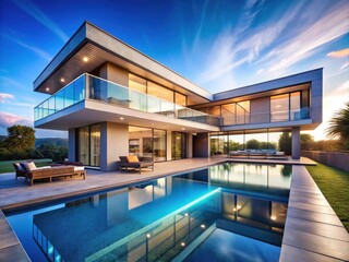 Fototapeta premium Modern House with Pool in Front Yard on a Sunny Day Luxury Living, Outdoor Oasis, Summer Vibes, Tranquil Retreat, Spacious Design, Family Home, Dream Residence, Stylish Landscape, Bright Atmosphere