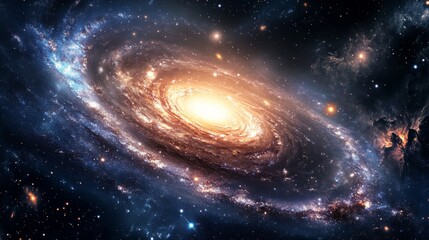 Fototapeta premium A panoramic view of a spiral galaxy with swirling arms and bright star clusters, against a backdrop of interstellar dust, Galactic style