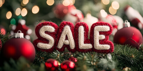 "SALE" text made of white knitted wool in a red color, with a Christmas decorations background, generative AI