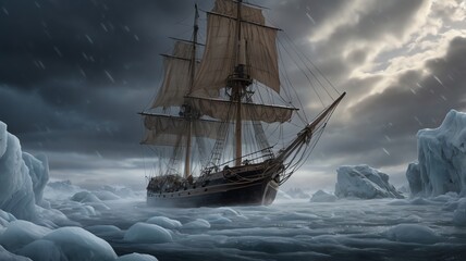 Fototapeta premium a ship in the ocean with a sail on the bottom.