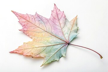 Delicate watercolor leaf with soft pastel colors on a crisp white background, showcasing intricate details and subtle texture, white background, leaf design, gentle hues