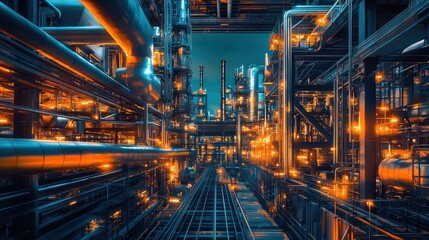 Obraz premium A vibrant industrial scene with illuminated pipes and structures in a complex facility.