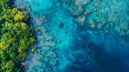 Obraz premium Crystal-clear blue ocean with coral reefs and marine life visible from above, emphasizing the richness of Earth's underwater ecosystems