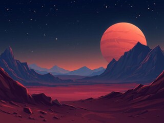 Fototapeta premium Mars landscape with red desert and rocky mountains vector illustration against starry night sky, alien planet background, space adventure game scenery, rocky mountains, stars