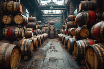 an old warehouse with wooden barrels filled with alcoholic drinks such as whiskey or wine.  